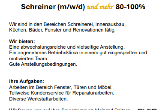 Schreiner (m/w/d) und mehr 80-100% ""
