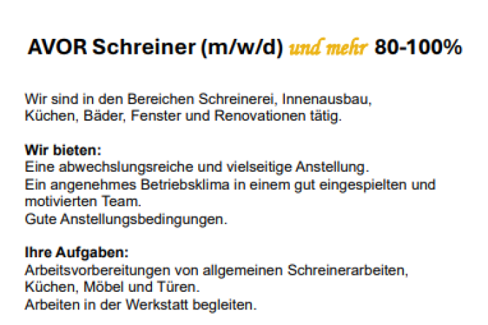 AVOR Schreiner (m/w/d) und mehr 80-100% ""